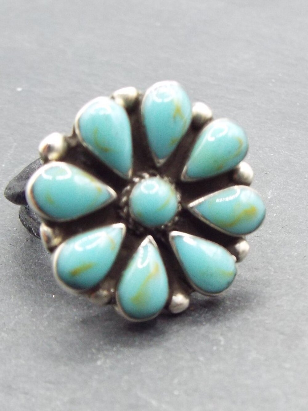 MEXICO SONORAN TURQUOISE STERLING "SUNBURST" LEATHER CORD BAND SZ. 6 RING 15C
